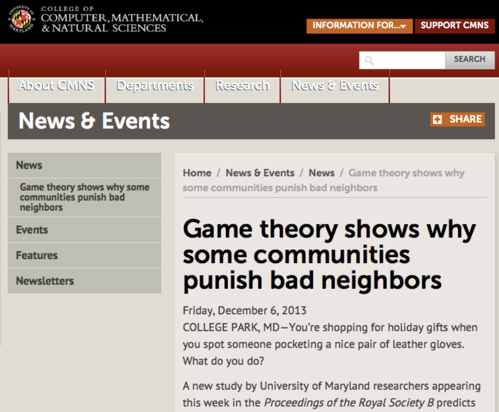 Screenshot of the University of Maryland announcement for the third-party punishment paper